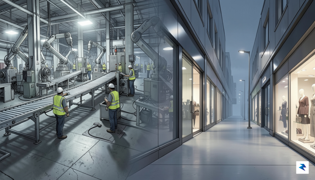 A conceptual illustration showing a bustling, brightly lit high-tech factory…
