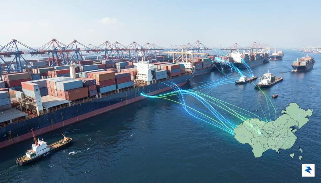 A wide-angle digital illustration showing a bustling global shipping port…
