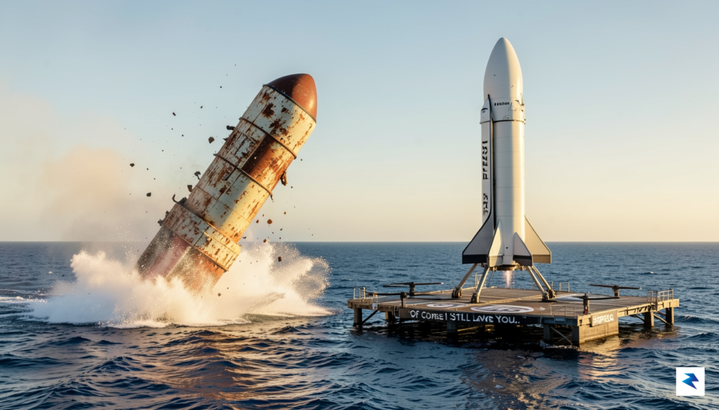 A wide-angle, cinematic shot of a vintage expendable rocket booster…