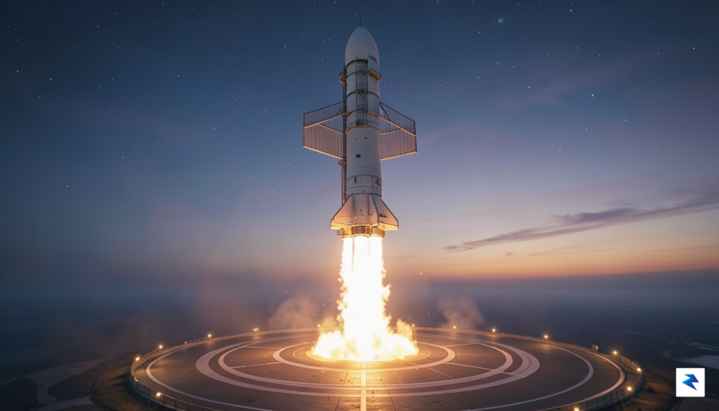 A detailed illustration of a rocket booster performing a vertical…