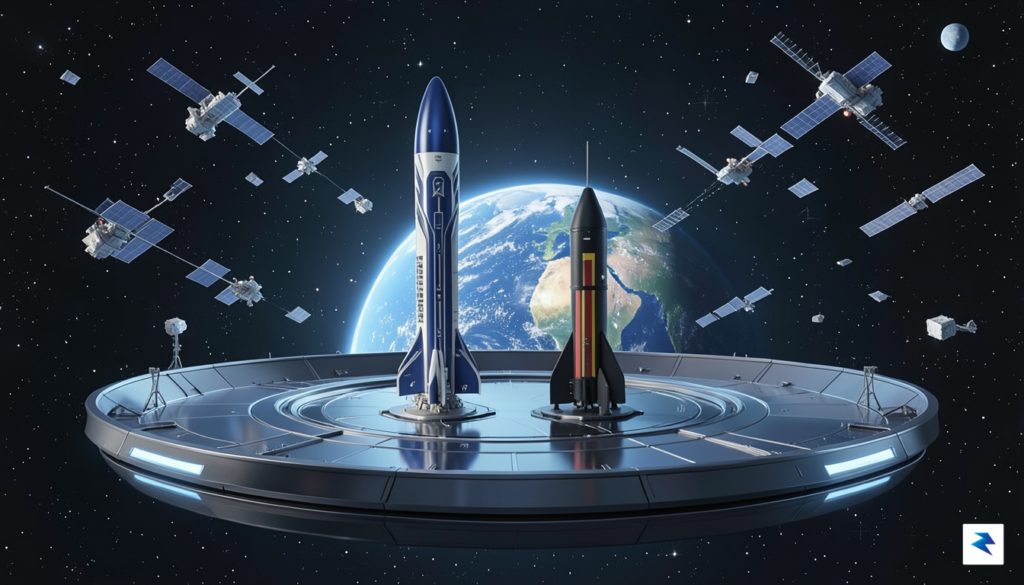 A wide-angle digital illustration showing a futuristic orbital launch pad…