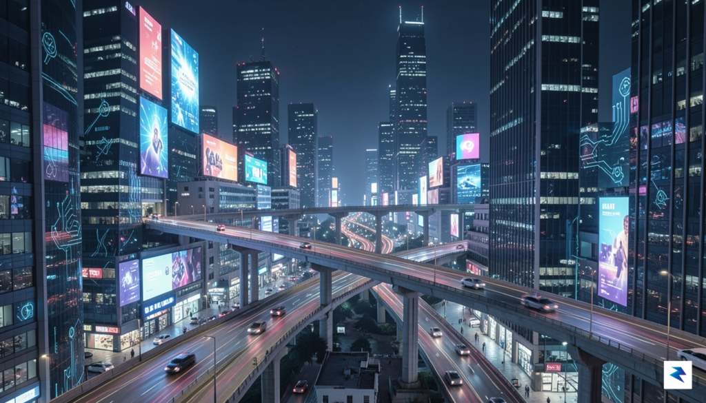 A complex, interwoven digital cityscape with subtle AI symbols integrated…