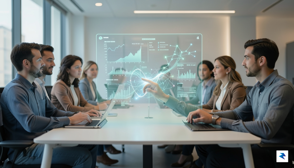 A diverse group of people collaborating around a glowing holographic…
