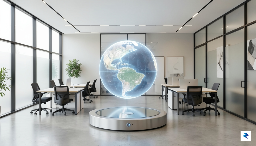 A modern, minimalist office interior with a digital globe hologram…
