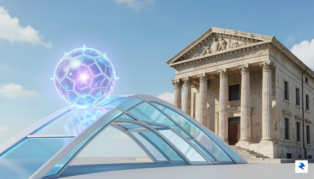 A conceptual illustration showing a digital bridge connecting a glowing,…