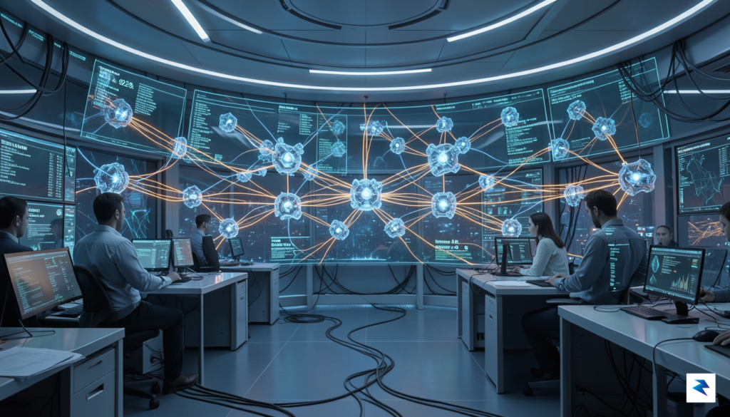 A conceptual digital visualization of a complex, interconnected network node&hellip;