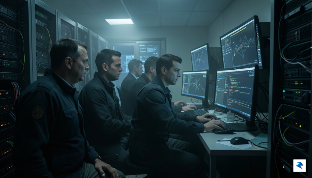 A team of cybersecurity professionals in a dimly lit server&hellip;