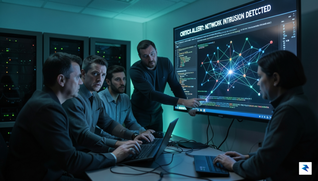 A team of cybersecurity professionals huddle around a large monitor&hellip;