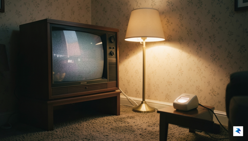 A nostalgic, high-quality photograph of a dimly lit 1980s living…