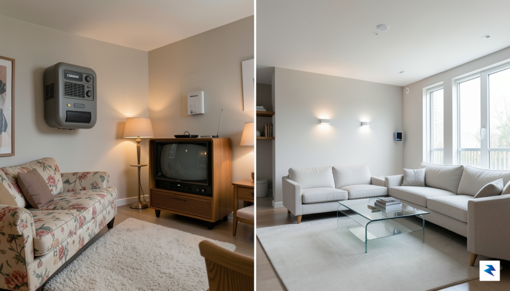 A split-screen comparison showing a 1980s living room with a…