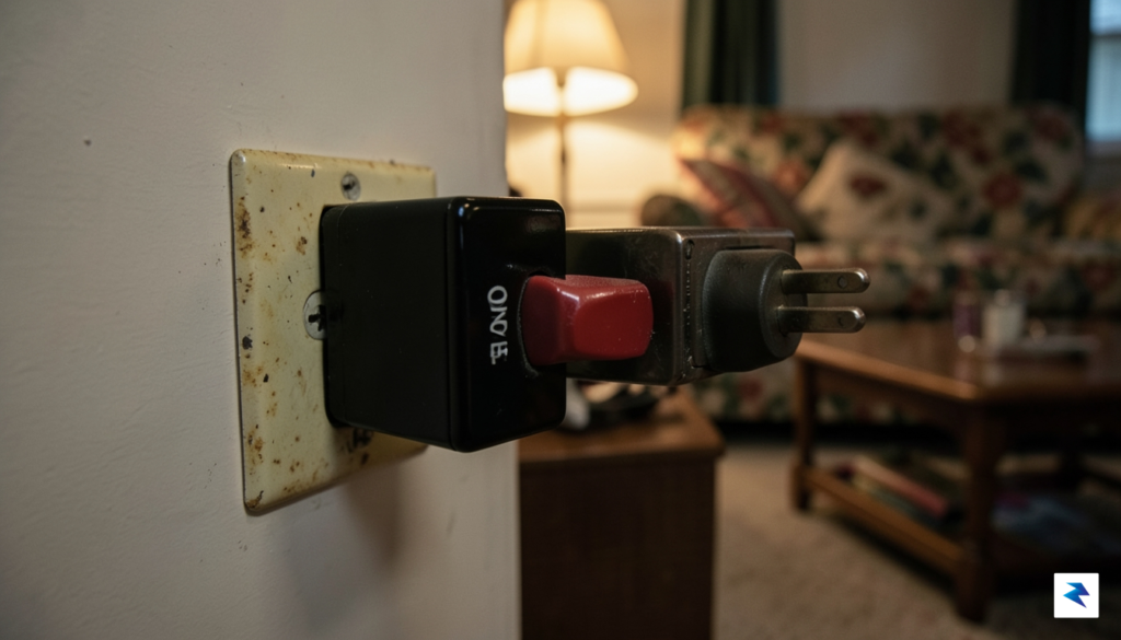A close-up, high-definition photograph of a vintage 1980s-style Clapper device…