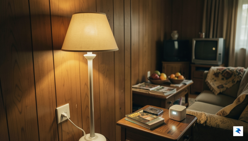 A nostalgic, high-resolution photograph of a 1980s living room with…