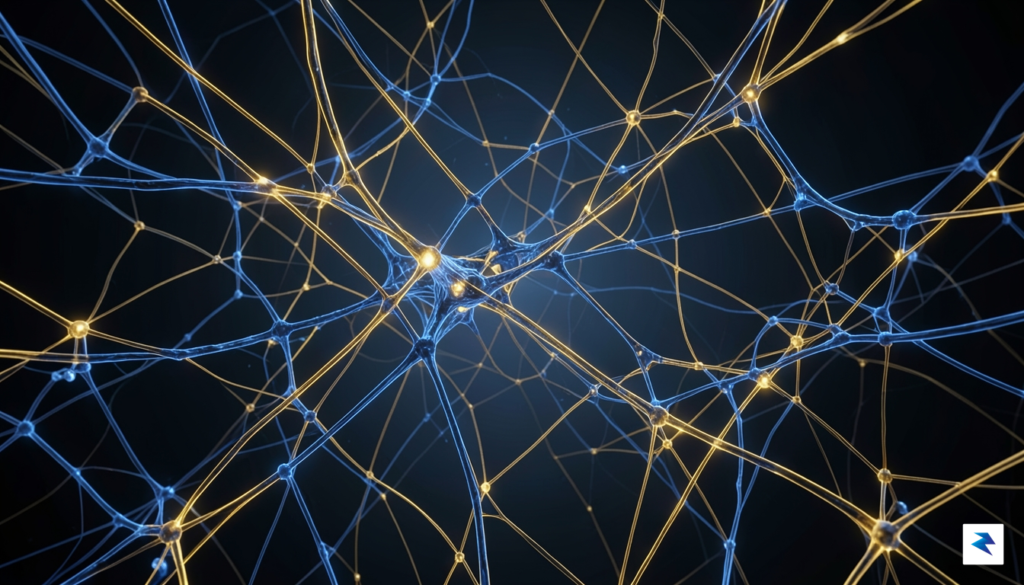 A sophisticated, abstract visualization of neural network pathways glowing in…