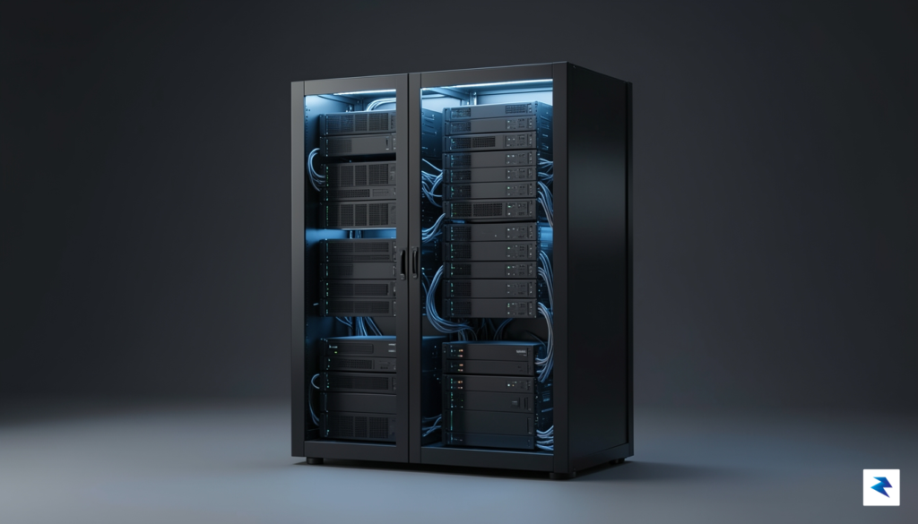 A modern, minimalist data center server rack with soft blue…