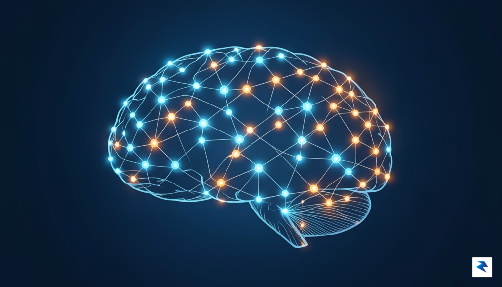A conceptual illustration showing a digital brain structure with glowing,…