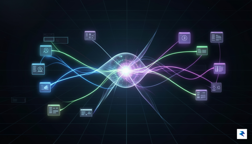 A digital workspace showing a futuristic, glowing interface where an…