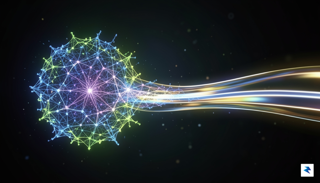 A conceptual digital illustration showing a glowing, intricate neural network&hellip;