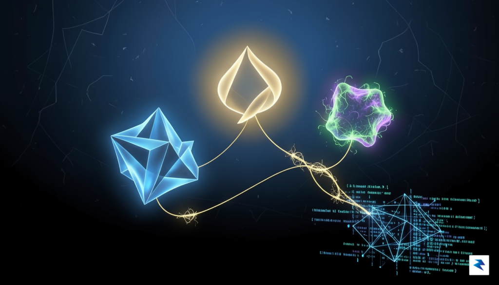 A conceptual visualization showing three glowing geometric shapes representing different&hellip;