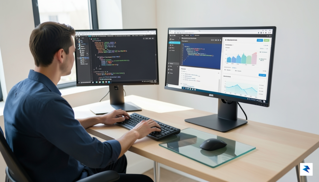 A developer working at a clean, minimalist desk with two&hellip;
