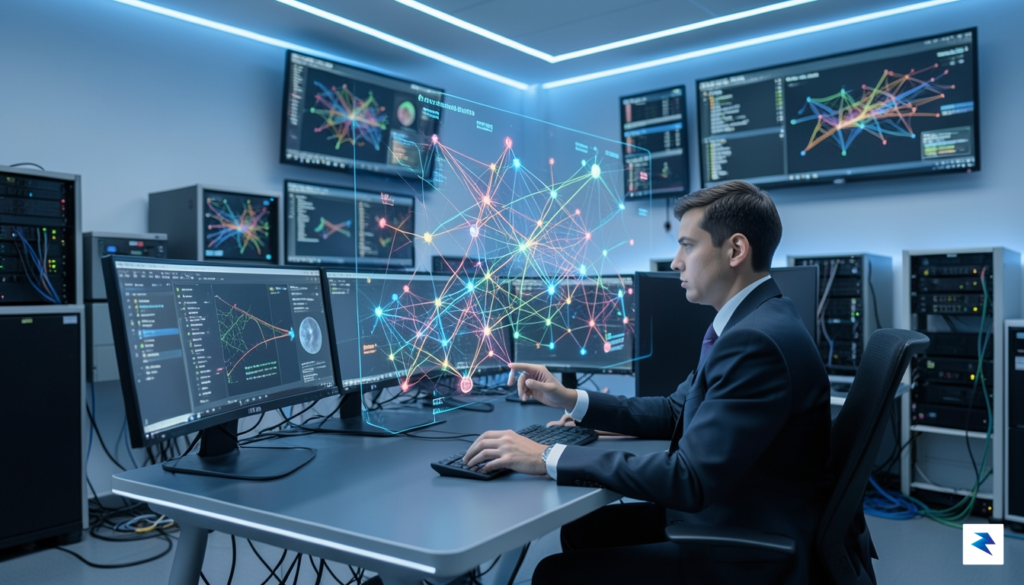 A modern cybersecurity operations center with digital holographic overlays showing&hellip;