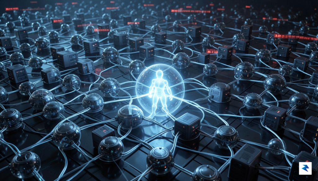 A conceptual digital illustration showing a glowing, autonomous AI agent&hellip;