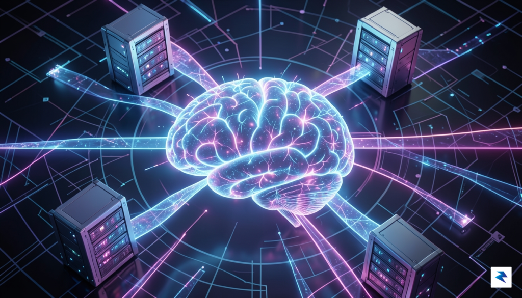 A conceptual digital illustration showing a glowing AI brain connected&hellip;