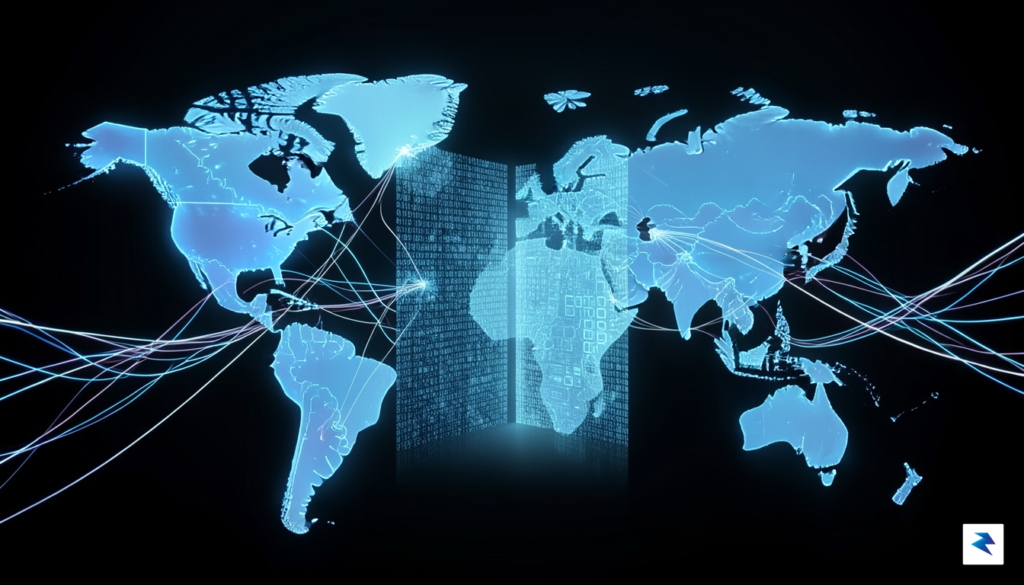 A conceptual digital landscape showing a glowing, fragmented map of&hellip;