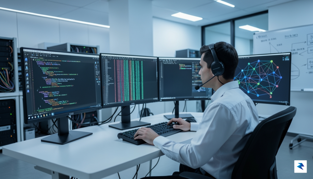A digital security analyst working at a desk with multiple&hellip;