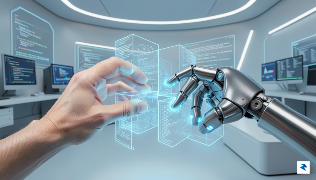 A conceptual digital illustration showing a human hand and a&hellip;
