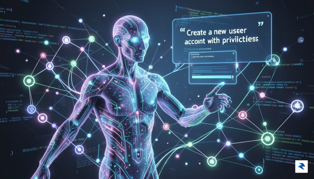 A conceptual digital illustration showing an AI agent acting as&hellip;