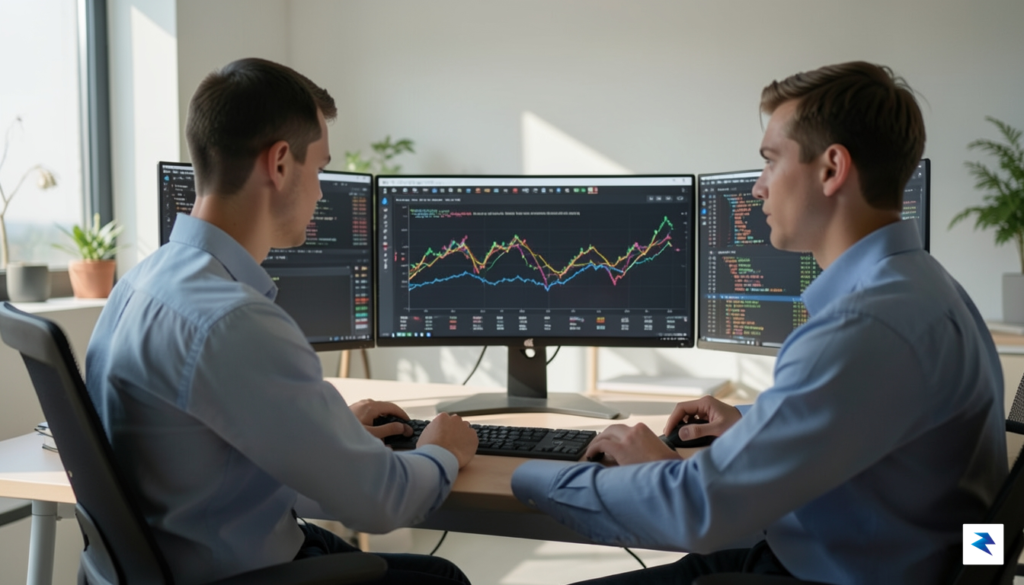 A developer meticulously reviewing code and data on multiple screens,…