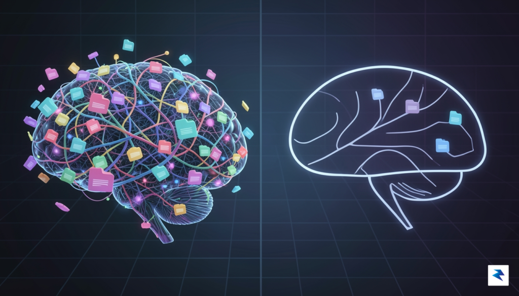 A conceptual illustration showing two digital AI brain structures, one…