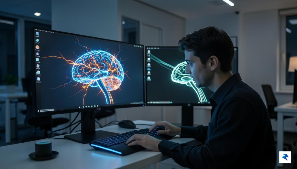 A developer looking at two glowing abstract AI brains on…