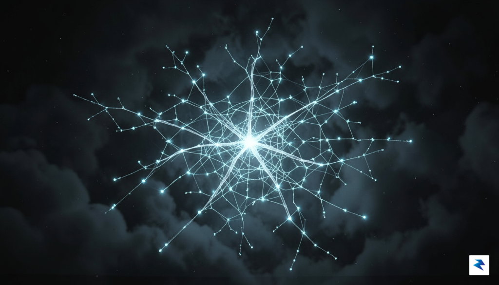 A conceptual digital art piece representing a glowing, complex neural…