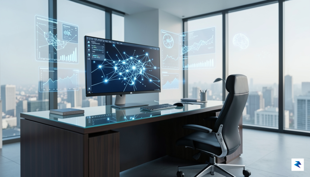 A sleek, professional workspace featuring holographic data visualizations and a…