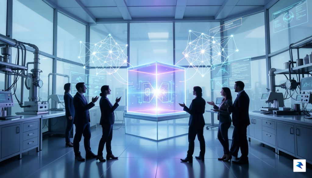 A conceptual digital illustration of a glass-walled, futuristic laboratory with…