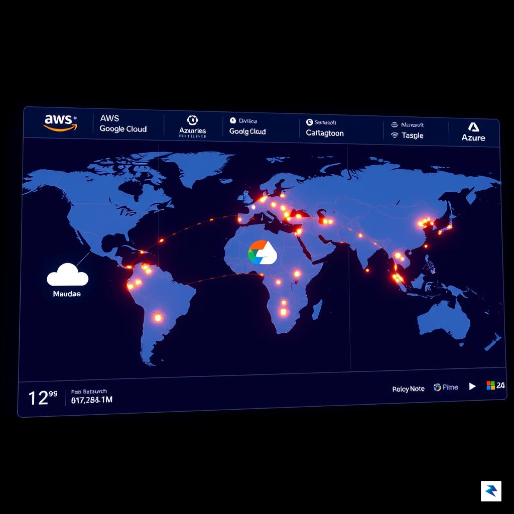 A sleek, high-tech digital dashboard displaying a global server network…