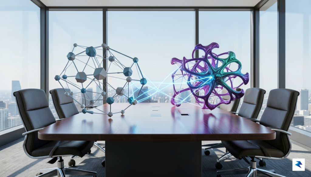 A conceptual illustration showing two sets of complex digital nodes…
