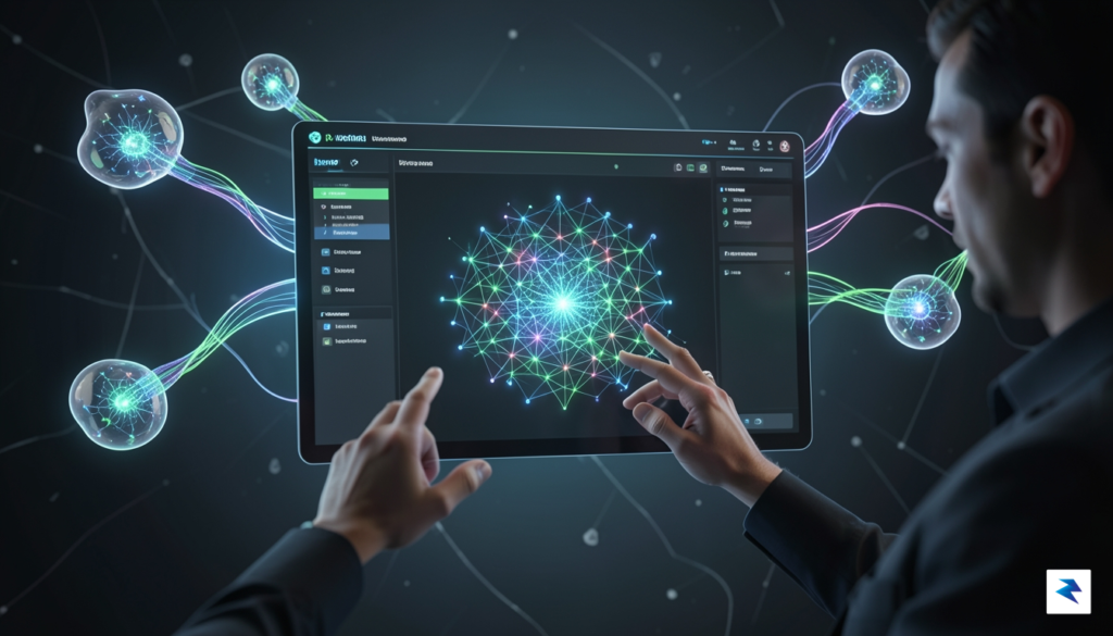 A conceptual digital interface showing a researcher interacting with a&hellip;