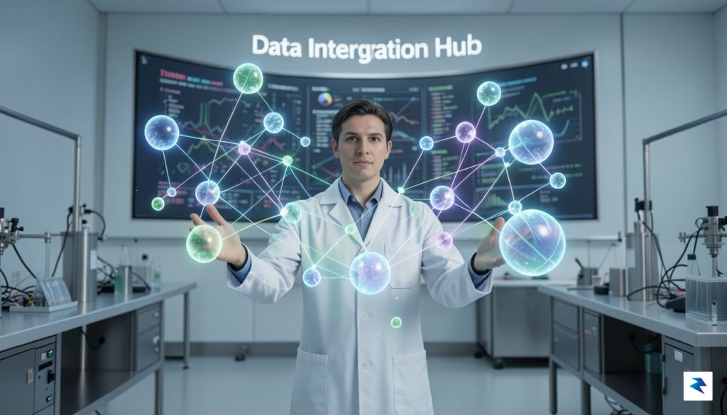 A conceptual digital visualization showing a human researcher interacting with&hellip;