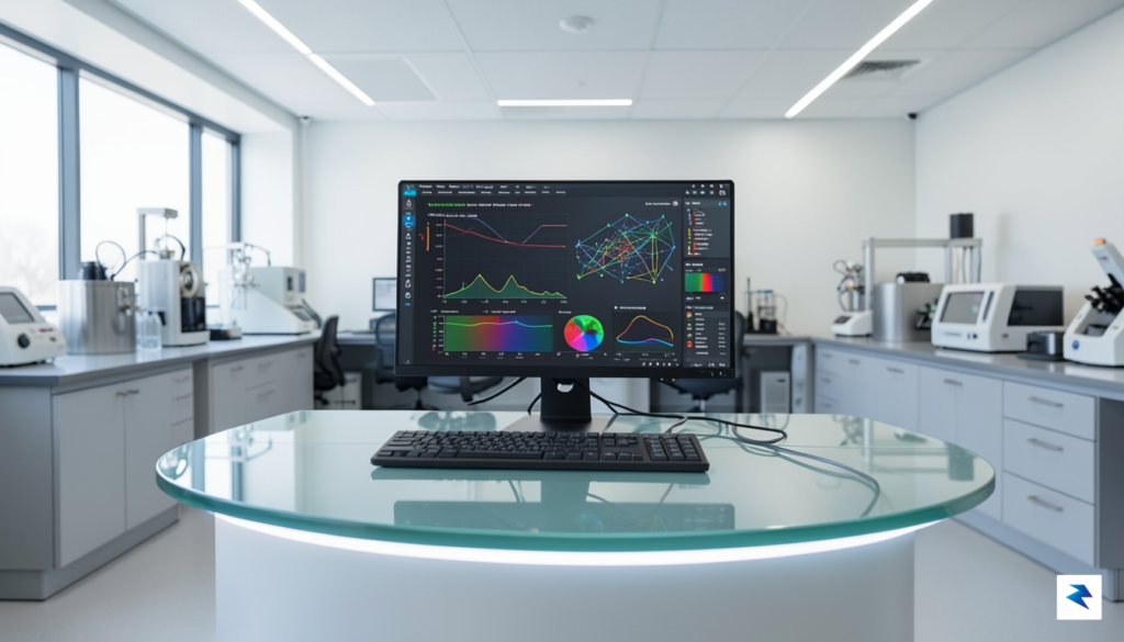 A modern, sleek laboratory workstation showing a digital interface where&hellip;