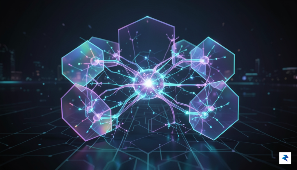 A conceptual digital visualization of a secure, glowing neural network…