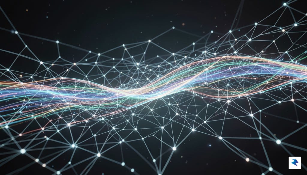 A conceptual digital visualization showing a high-speed data stream flowing…