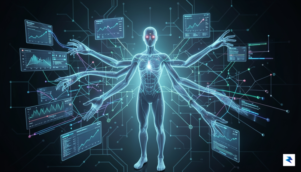 A stylized representation of an AI agent with multiple arms…