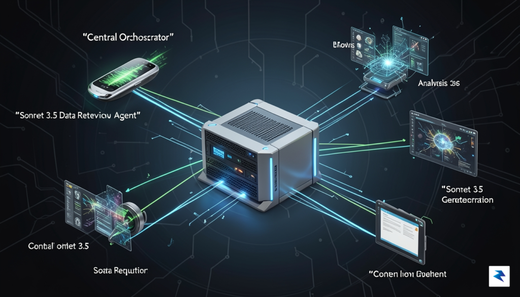 A diagram illustrating a multi-agent system with a central orchestrator…