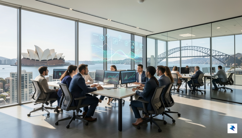 A modern, open-plan office in Sydney overlooking the harbor, with…
