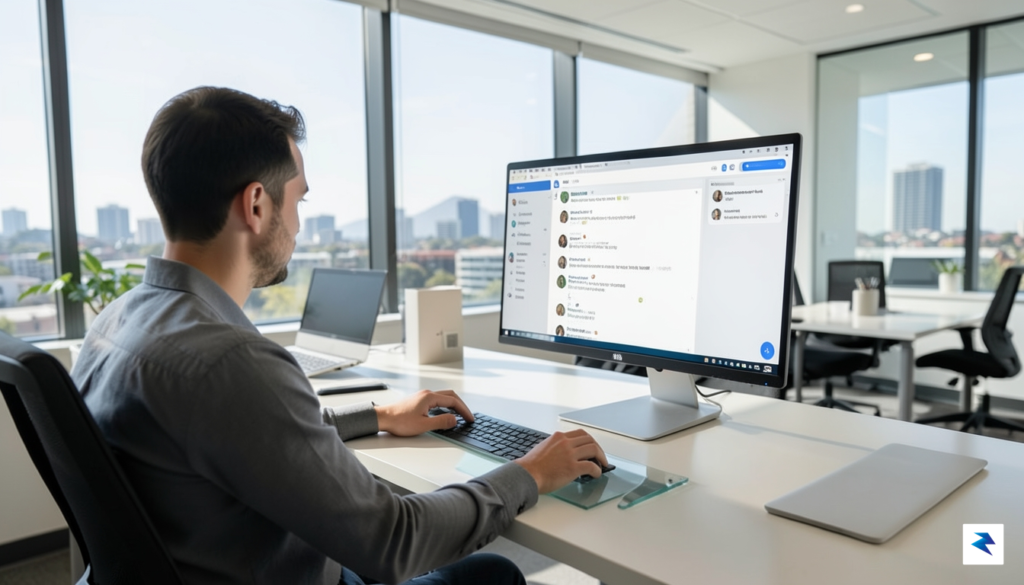 A modern, minimalist office workspace in Sydney showing a professional…