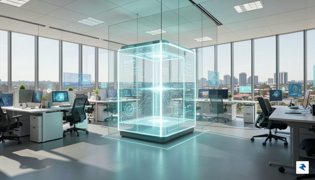 A conceptual digital landscape showing a secure, glowing data vault…