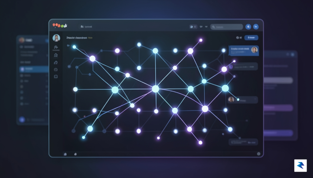 An abstract digital visualization showing glowing nodes of information connecting…