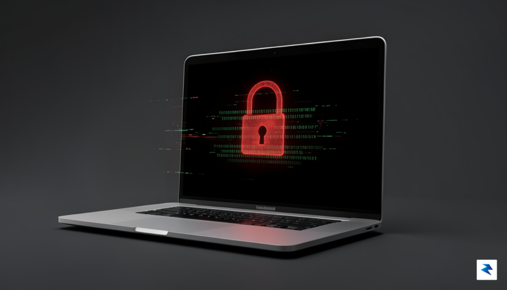 A high-contrast, professional digital graphic showing a sleek, modern MacBook…